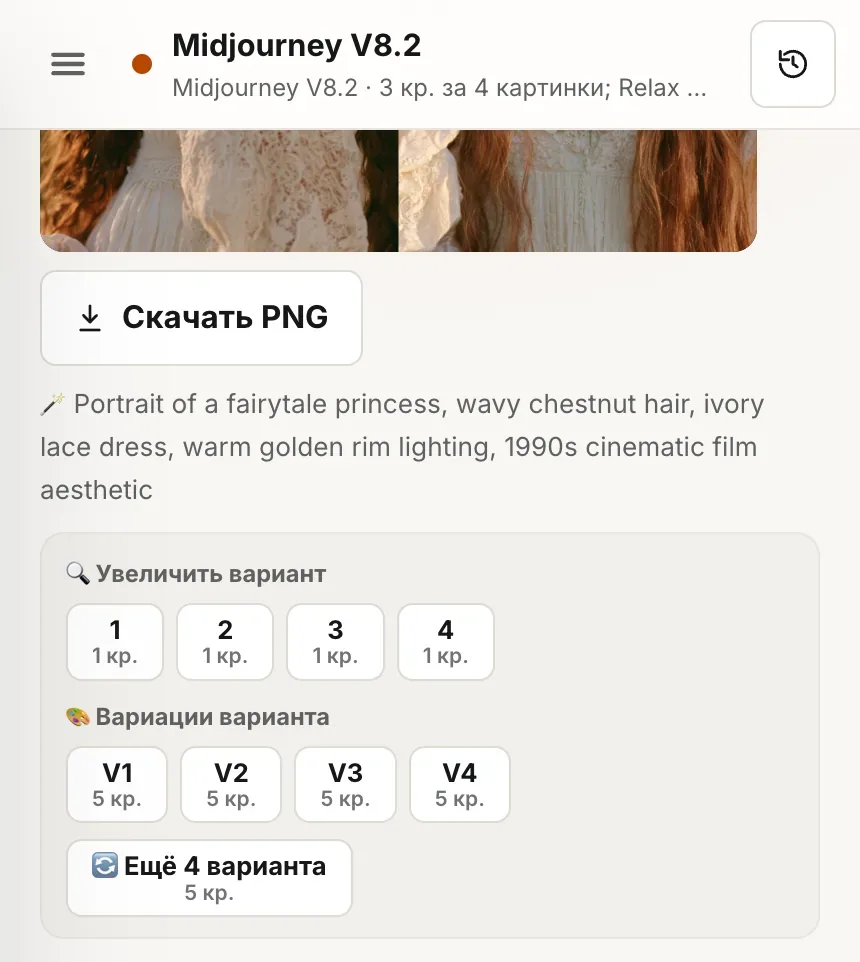Кнопки под результатом Midjourney: увеличить вариант, вариации, ещё 4 варианта, с ценой в кредитах