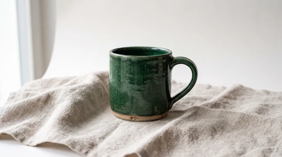 Зелёная керамическая кружка на льне, предметное фото на белом фоне