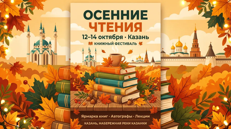 Постер «Осенние чтения» с русской надписью, книгами и кленовыми листьями