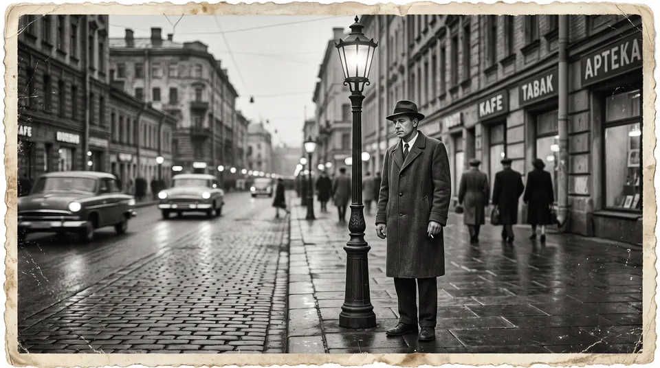 Чёрно-белый снимок 1950-х: мужчина в шляпе у фонаря, сгенерирован нейросетью